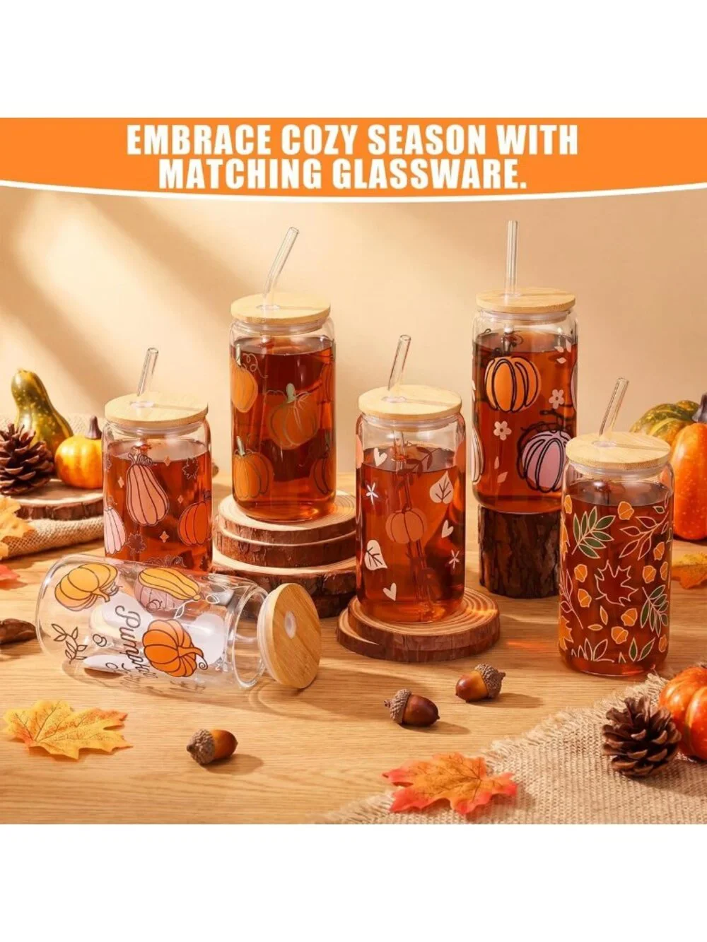 12 Pcs Autumn Pumpkin Glass Cups with Lids & Straws - Cozy Fall Tumblers, Gifts